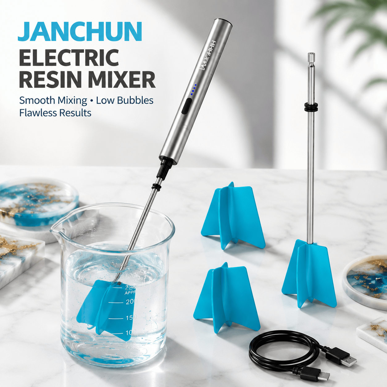TEMU Janchun Battery Powered Electric Epoxy Resin Stirrer Handheld Lightweight Resin Mixer With Stirring Sticks, Powerful Electric Stirring Tool For