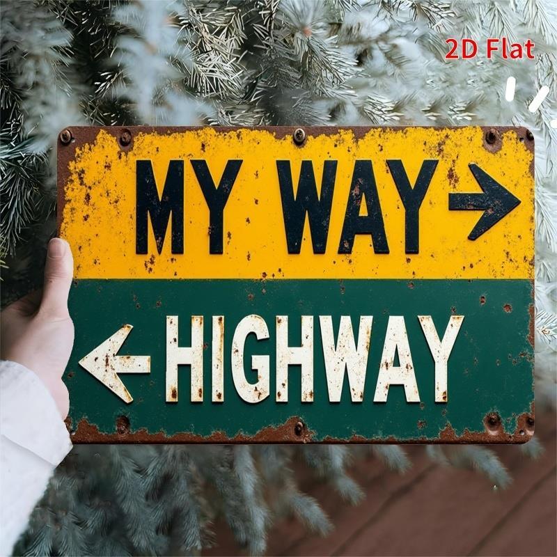 TEMU 2d Flat Vintage Or The Highway Metal Sign Rustic Iron Wall Art With Distressed Yellow And Green Background, Perfect For Man Cave, Garage, Bar,