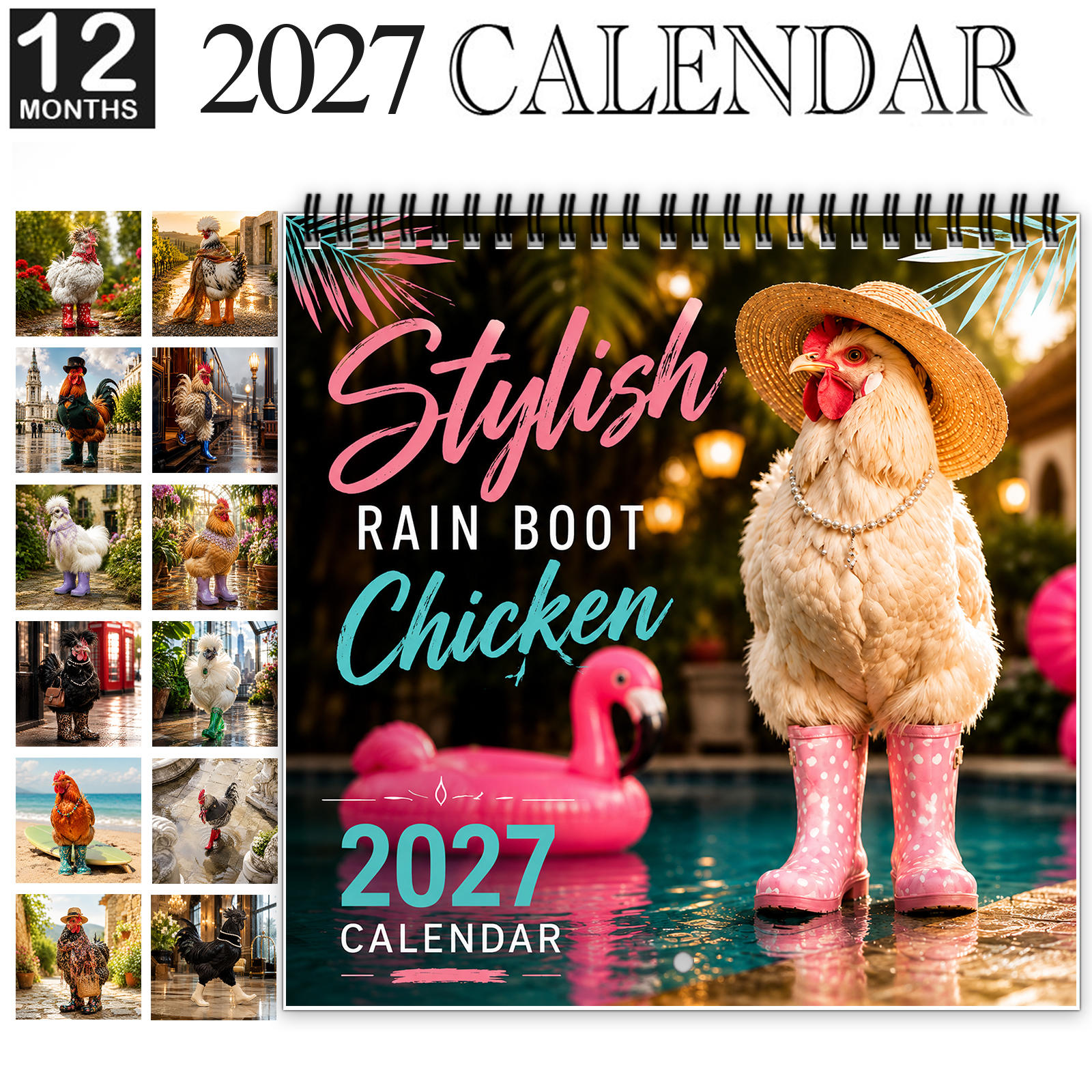 TEMU 1pc 2027 Stylish Rain Boot Chicken Wall Calendar, Spiral-bound 12-month Calendar With Large Date Blocks, Features Cute Hens And In Chic Country