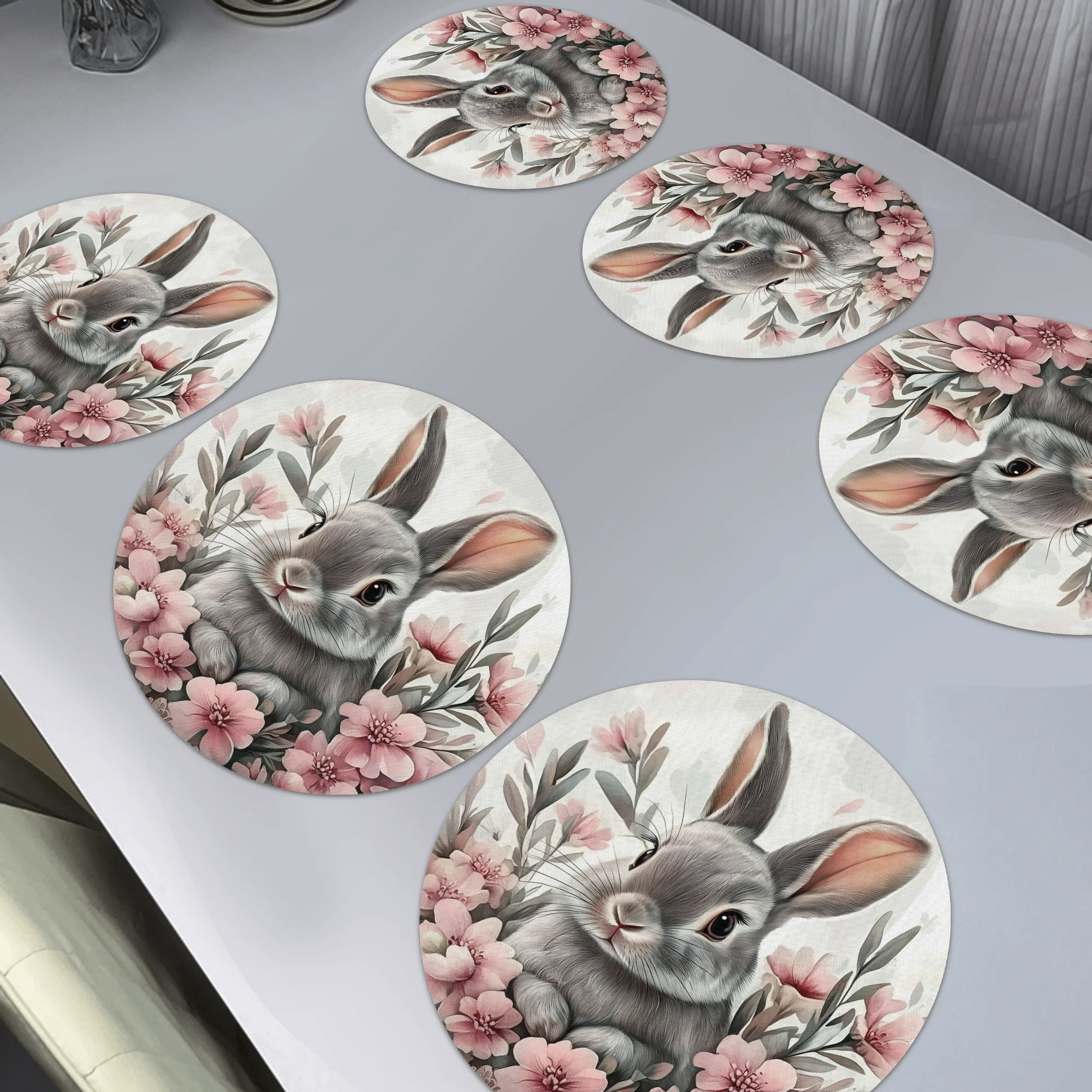 

6pcs Easter Cute Bunny Polyester Table Mats, 15x15in, Round, Heat-resistant, Anti-slip, Machine Washable, And Easy To Clean For Holiday Dining Decor, Woven