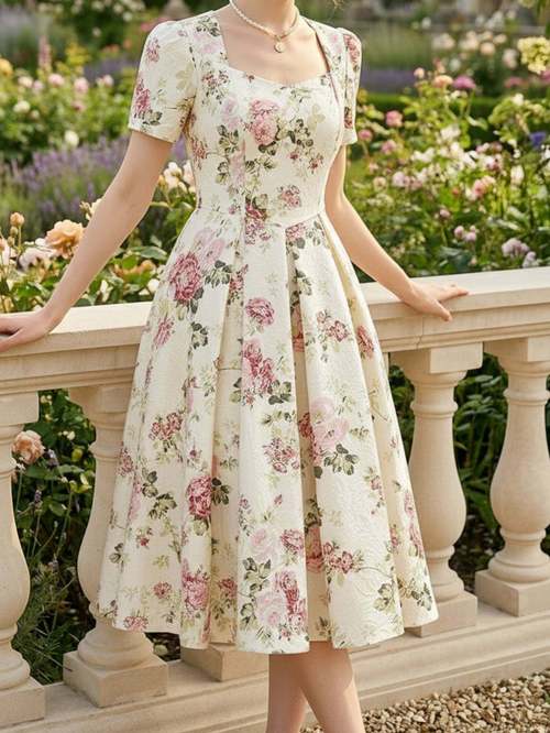 womens square neck printed waist tight dress puff sleeve design ideal for daily casual and mature looks