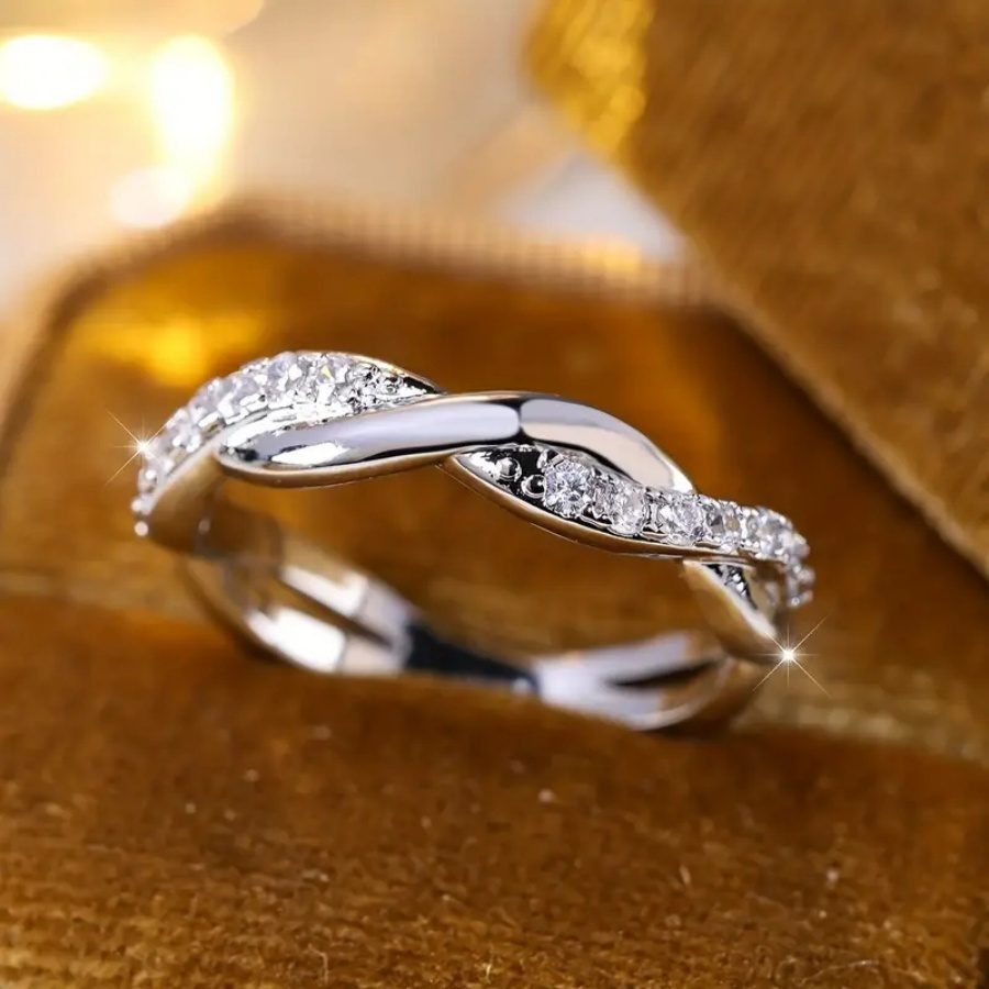 18K Plated Twisted Ring with Cubic Zirconia - Copper Jewelry Gift