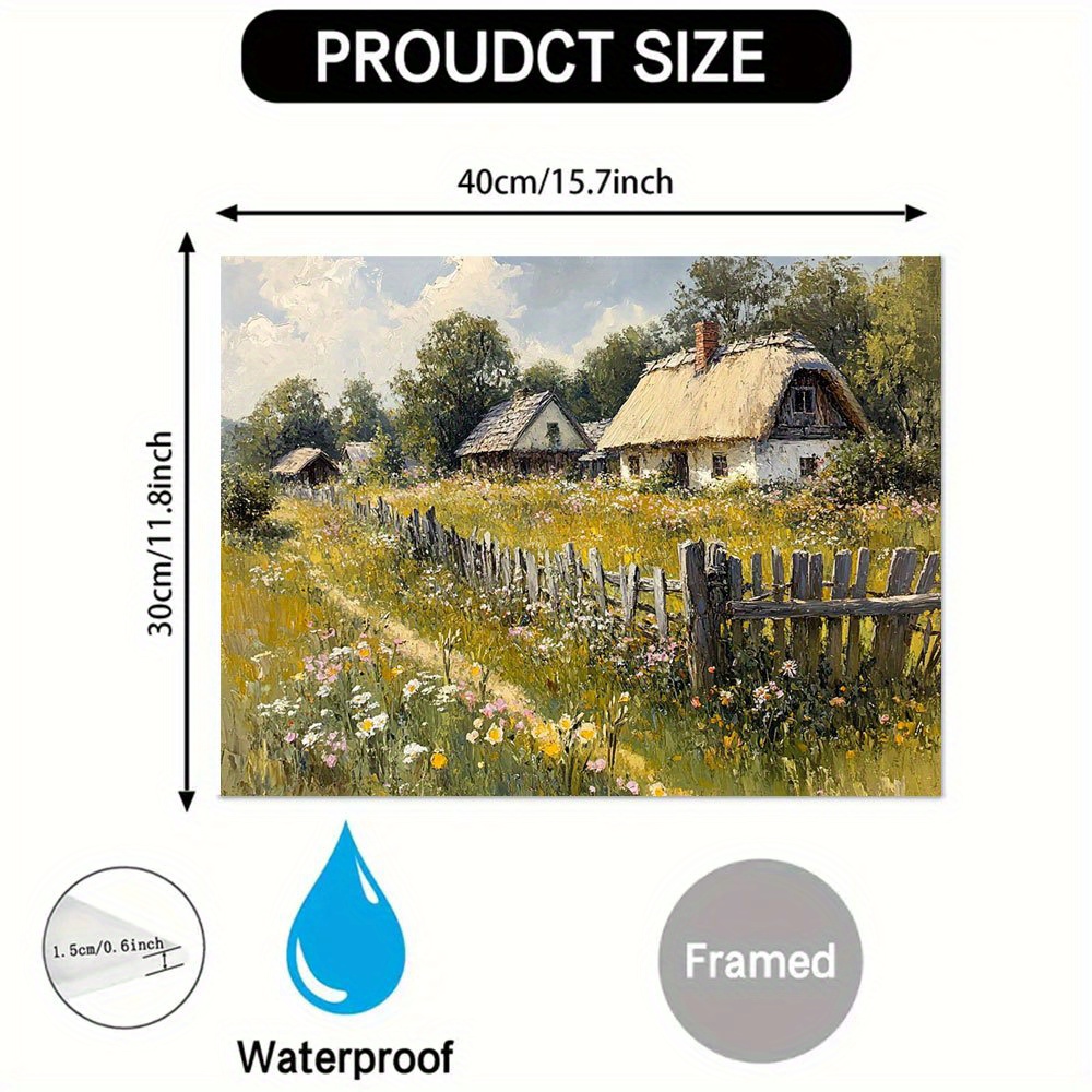 TEMU 1pc Wooden Framed Canvas Painting - Art With Thatched Houses, Vibrant Wildflowers & Landscape, Ready-to-hang Home Decor For Living Room,