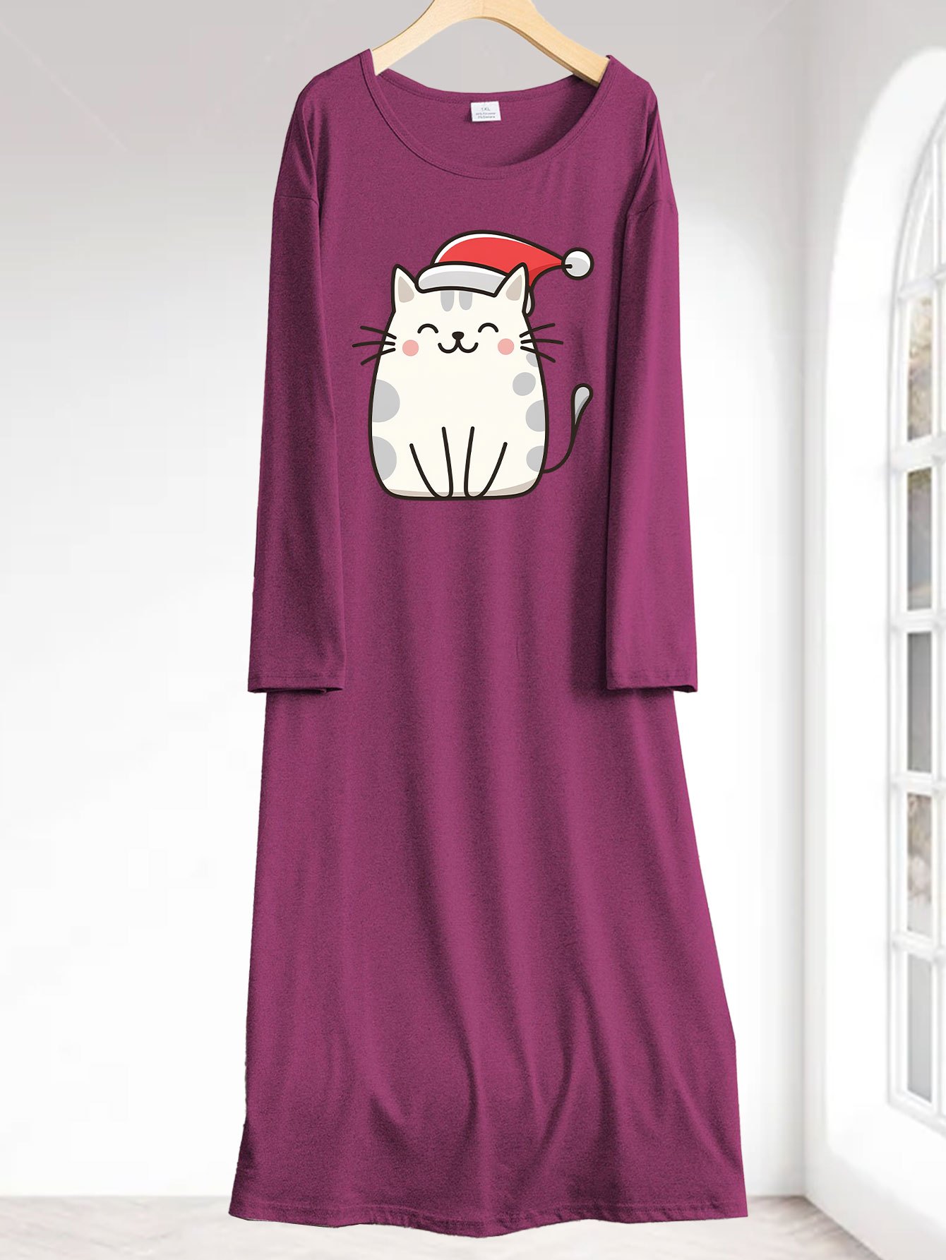 Women's Plus Size Christmas Cat in Santa Hat Print Long Sleeve Sleep Dress  Cozy Maroon *-* Washable Lounge Nightgown for Autumn/Wint