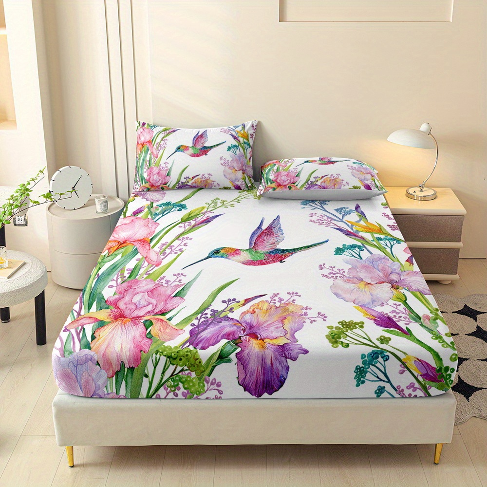 TEMU 3pcs Animals Hummingbirds, Plants And Flowers Printed Fitted Sheet Set, Queen Mattress Cover, Twin Mattress Protector, King Bedding Set,
