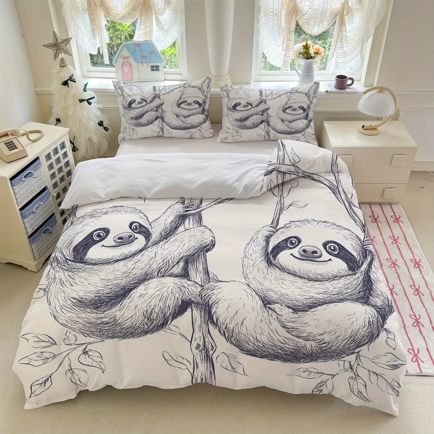TEMU 3-teiliges Weißes Bettwäsche-Set mit Faultierdruck (1 Bettbezug + 2 Kissenbezüge, ohne Füllung) für das Schlafzimmer