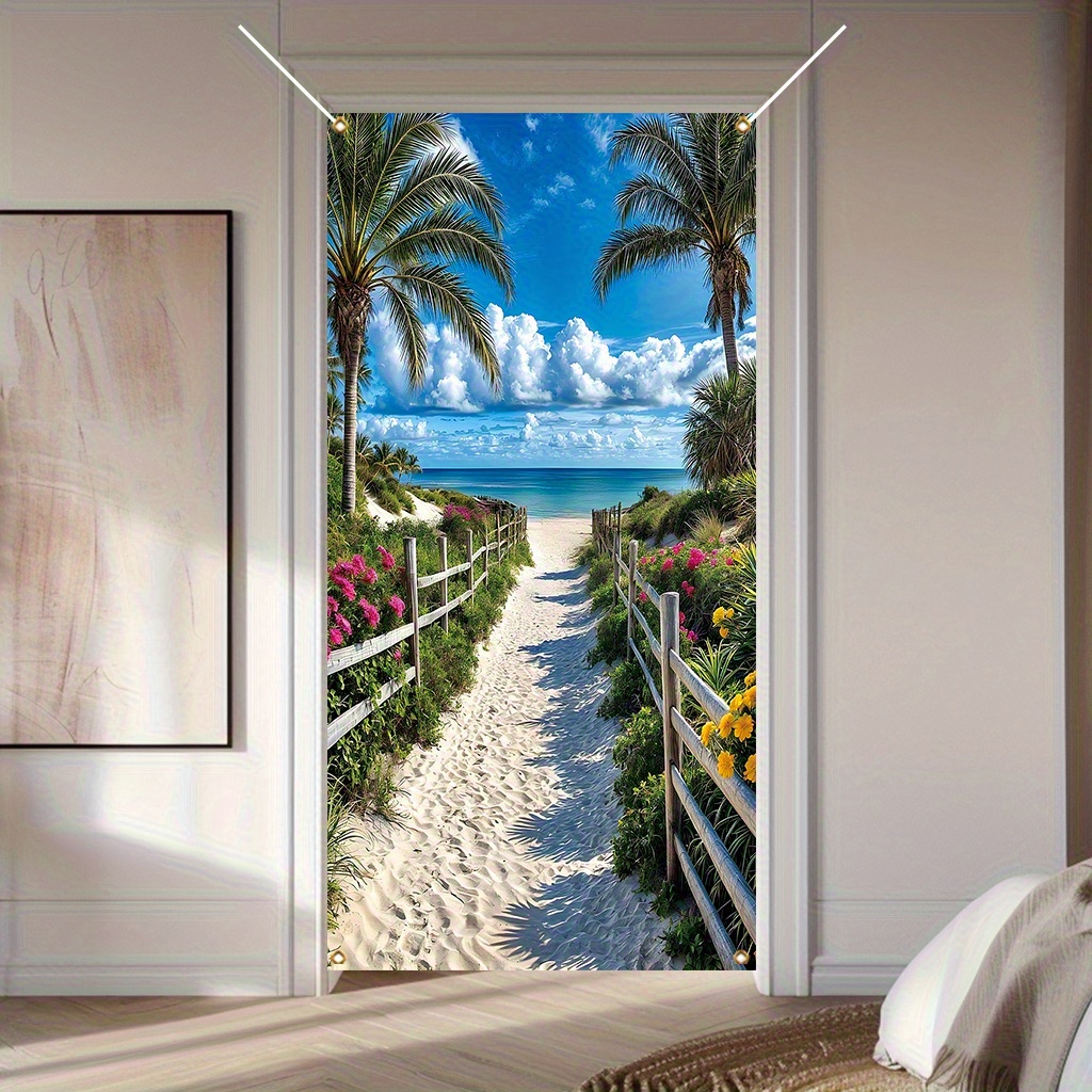 TEMU 2d Flat, 2d Door Flag 1pc Spring And Summer Beach Scene Wall Sticker, Door Curtain, Door Skirt, Flag, Suitable For Living Room, Bedroom Door,