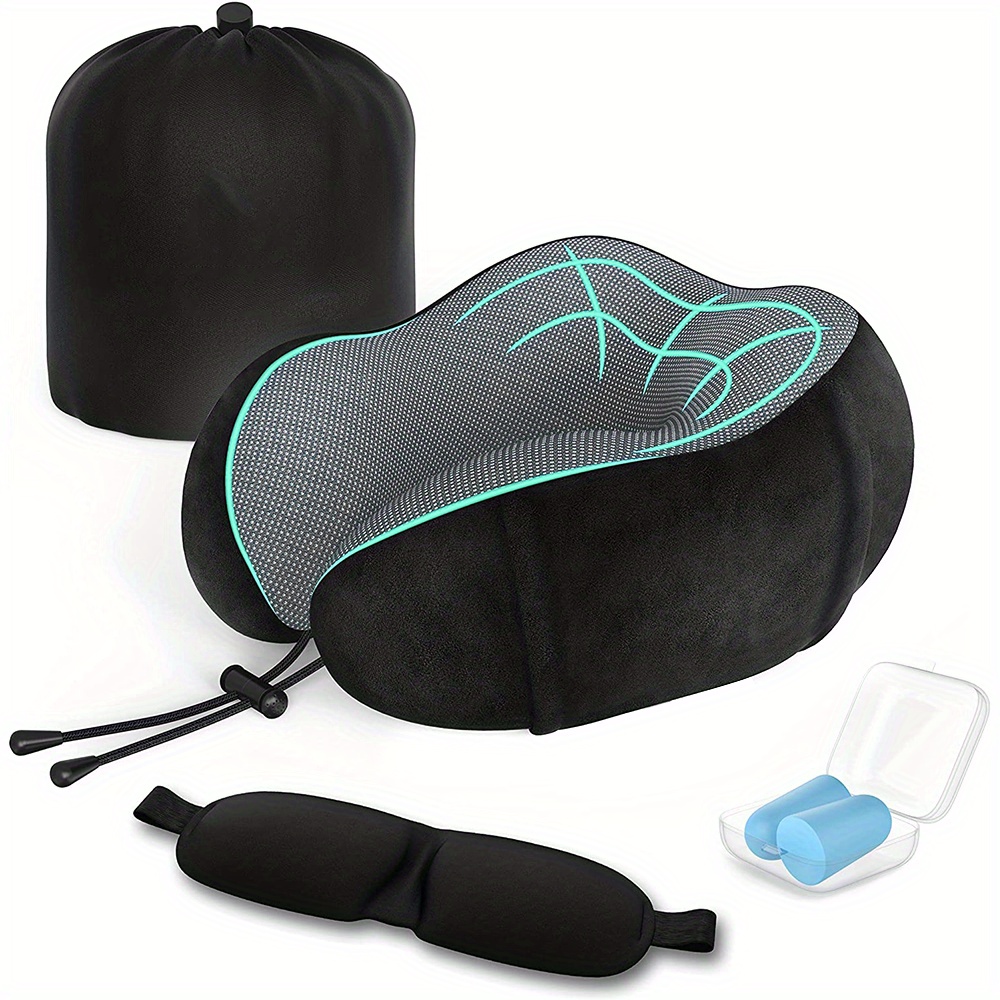 1 Pack Neck Pillow With Eye Mask - Ergonomic Travel Pillow For Airplane, Car & Home Use, Machine Washable, Black, Neck Pillow For Travel, Airplane Accessory, , Soft Texture