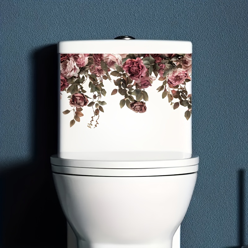 TEMU 1 Elegant Floral Vine Rose Toilet Tank Decal - A Bunch Of With Green Foliage, End, Self-adhesive, Easy To Apply On Plastic , Ideal For Bathroom