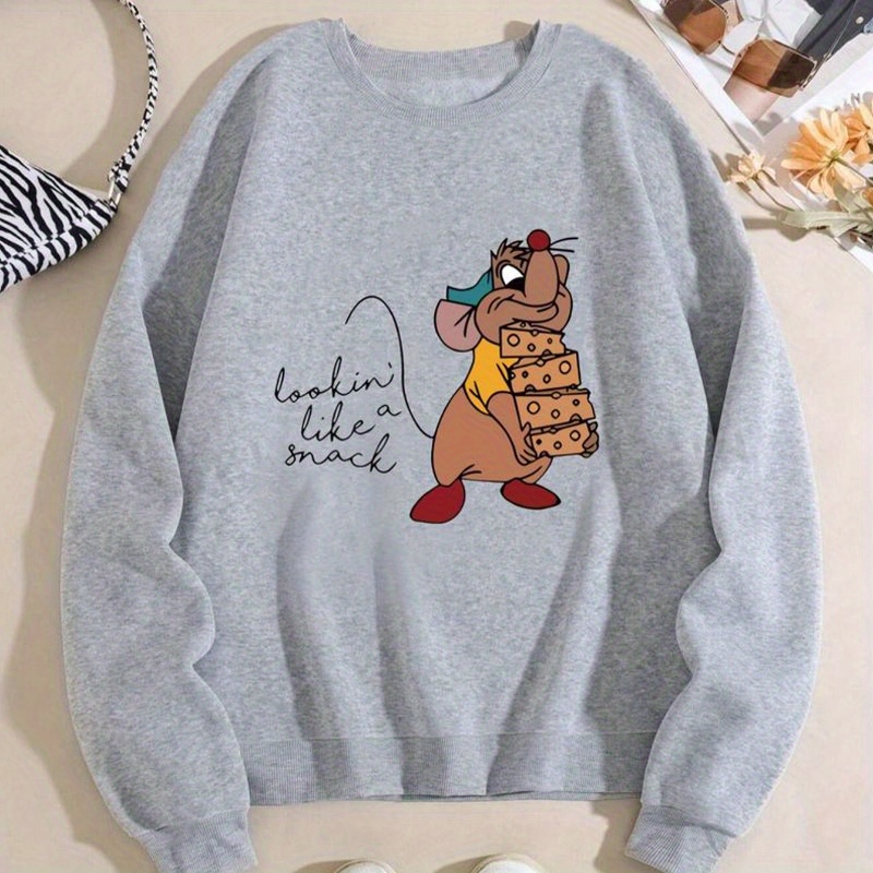 

Plus Size Women's Cartoon Mouse Graphic Sweatshirt - Cozy Gray Crew Neck Pullover With "' Like For Mack" Print, Casual Fall & Winter Wear, Machine Washable