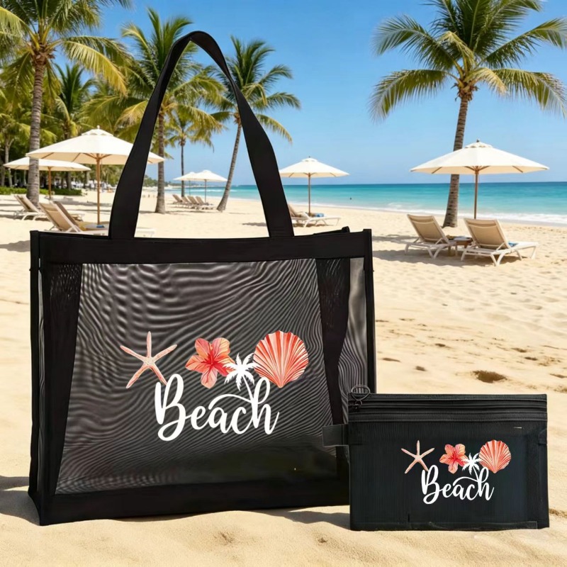 TEMU 2pcs Set Of 2pcss Summer-themed Large Capacity Travel Mesh Beach Bags, Featuring Starfish And Shells, Summer Ins Elements Shoulder Bags, Style
