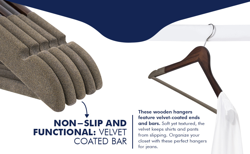 8 High-Quality Velvet Wooden Hangers Made of Maple, Designed for Men'S Suits - Non-Slip Hangers - Luxurious Natural Wood And Velvet Hangers for Hanging Pants, Suits, Dresses, And Skirts - Featuring Non-Slip Chrome Hooks, Shoulder Notches
