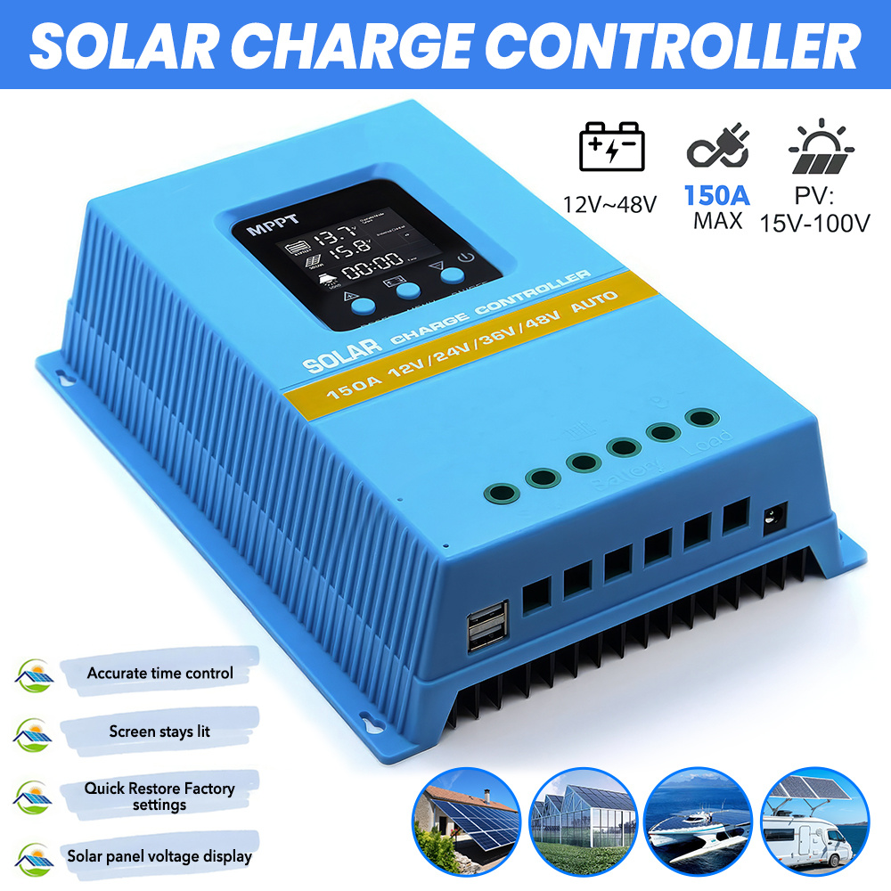 TEMU 150a Mppt Solar Charge Controller 12v 24v 36v 48v Auto Lcd Backlight Display Solar Panel Regulator Support Lifepo4 Gel Flooded Sealed Battery 7