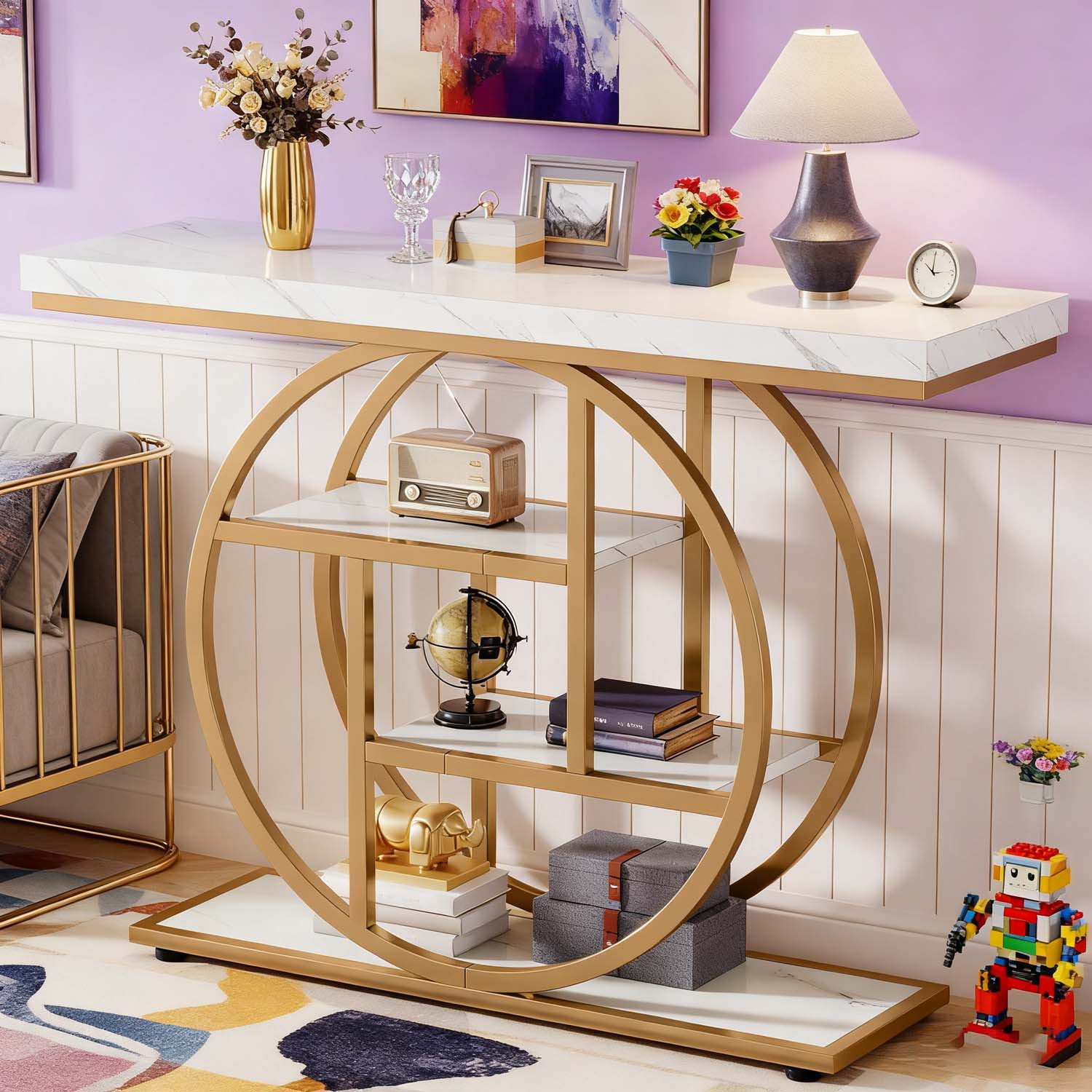 41.3” Console Table With 4-tier Shelves - White & Golden Entryway Sofa Table Suitable For Living Room, Hallway, Foyer, Christmas Display Table, Wood With Frame, Assembly