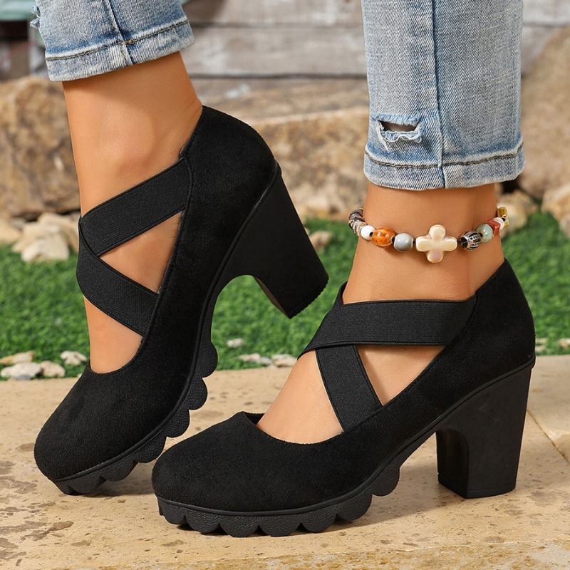 TEMU Chaussures Mary Jane à Talon Épais et Lanières Croisées pour Femme, Talons Hauts à Plateforme Ondulée, Chaussures Plates à Talon Épais et Bande