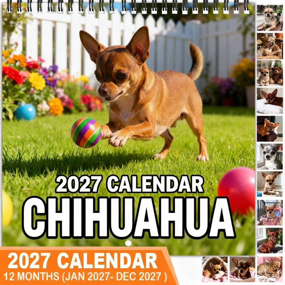 TEMU Calendrier mural 2027 des races de chiens Chihuahua - Disposition de grille de 12 mois avec photos mensuelles et adorables de chiots Chihuahua,