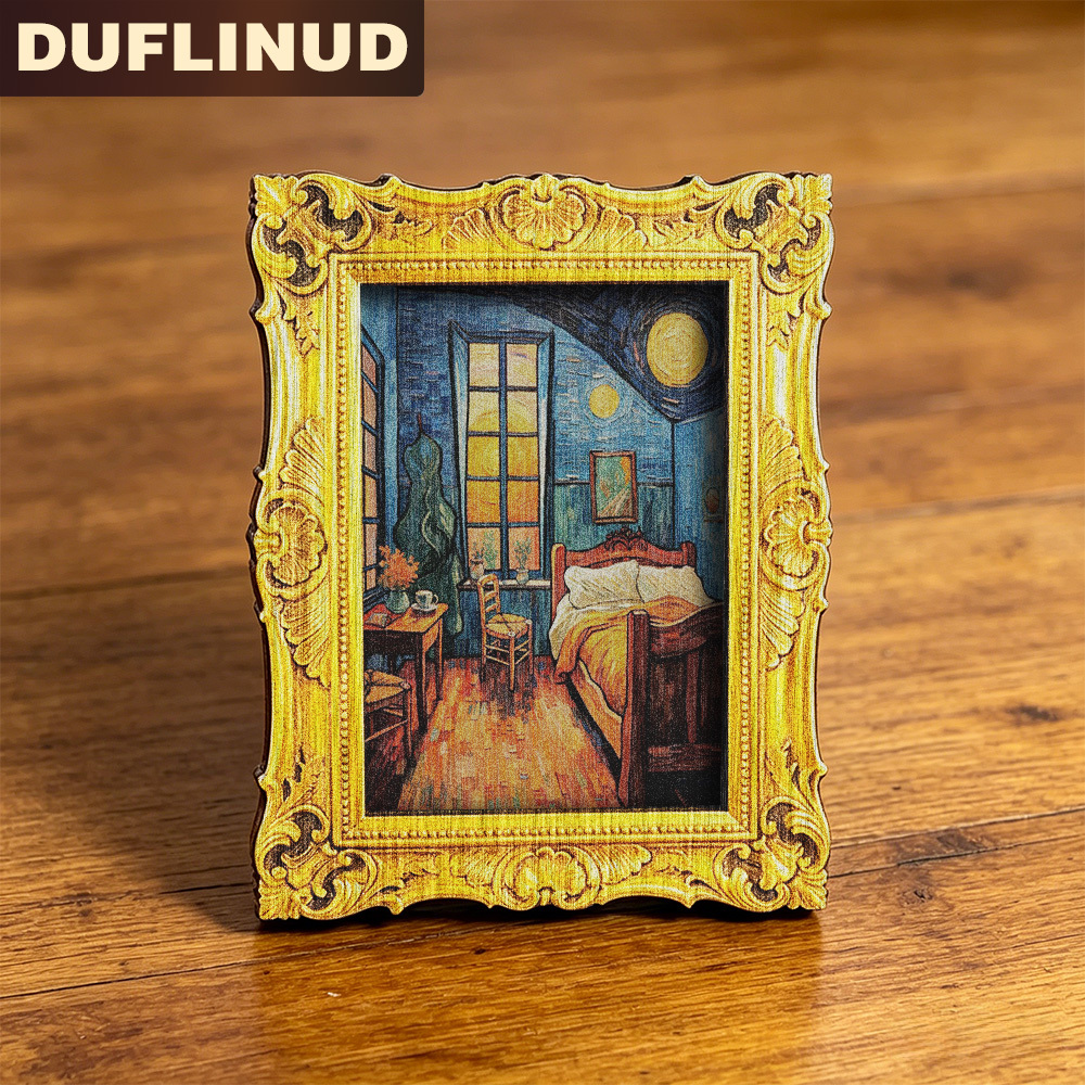 TEMU Van Gogh Bedroom Art Refrigerator Magnet, Mini, Micro, Classic Famous Painting Design, Golden Vintage Printed Border, Wooden Fridge Magnet,