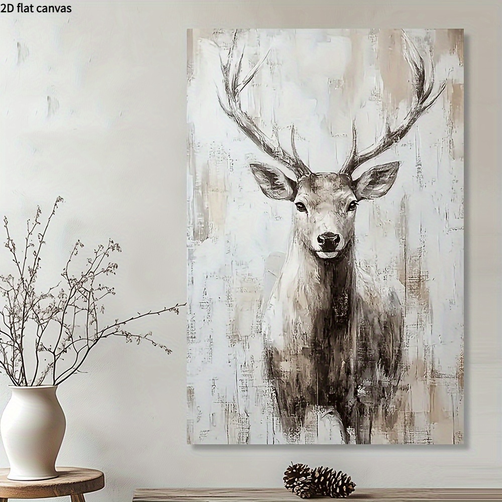 TEMU 2d Flat 2d Framed Canvas Painting, Elegant Deer Head Canvas Art, Suitable For Living Room, Bedroom, Office, Kitchen Dining Room, Bathroom Wall