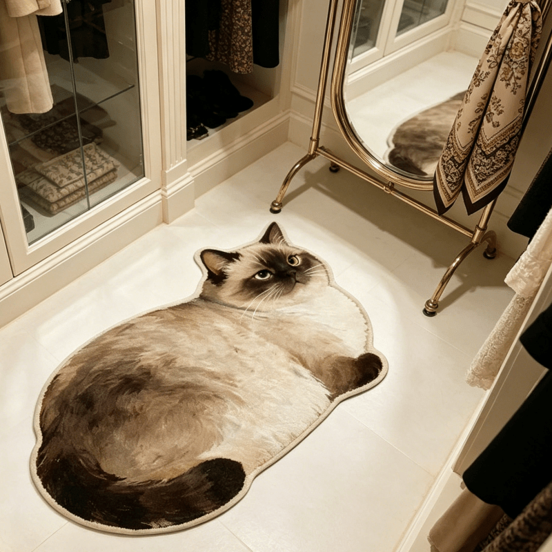 TEMU Cashmere 900g And 9mm [2d Flat] Soft Cute Style Siamese Cat Shaped Balcony Plush Irregular Rug Realistic Style Highlighted Cat Pattern Bedroom