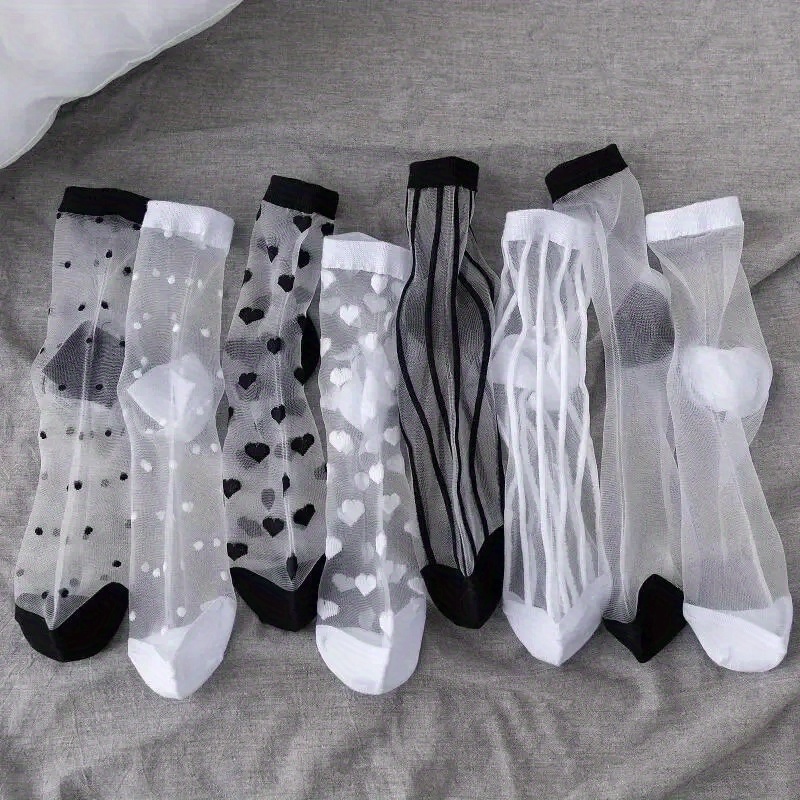 E-shop 8 Paar transparente Glasstrumpf-Socken Retro mit Polka-Dots, Liebe, vertikalen Streifen, dünn, für Frühling Sommer, japanische Karte