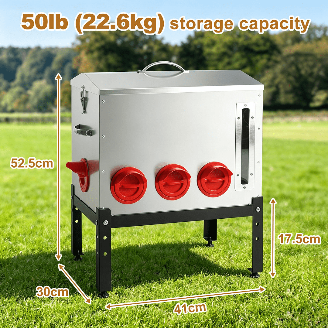 Automatic Chicken Feeder 40lb 50lb Galvanized Metal Poultry Feed Container With 6 8 Feeding Level Window And Handle