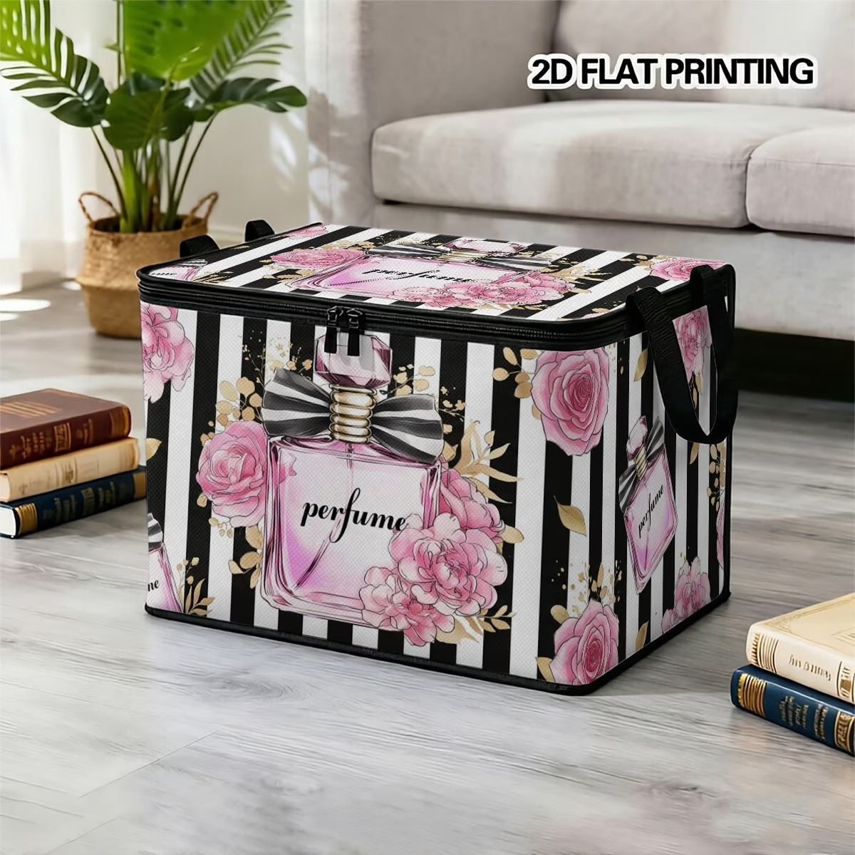 TEMU 1pc Extra Large Foldable Zippered Storage Box With Black And And Pink Perfumed Rose , Suitable For Holiday Supplies Storage, Suitable For