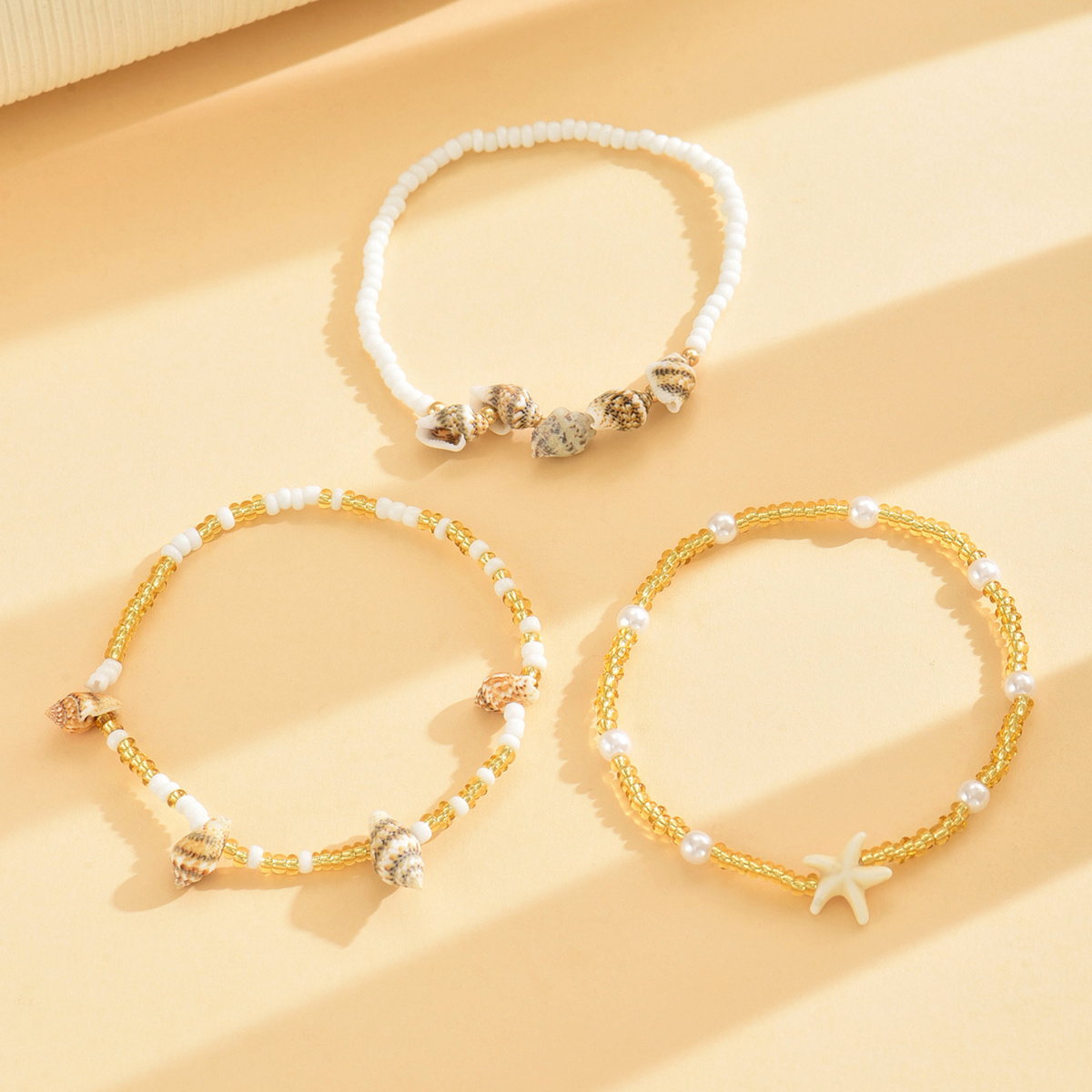 TEMU 3pcs Summer , Elegant Transparent Yellow Seed Bead Bracelet, Artificial Conch Shell And Starfish Pendant Bracelet Set, Women's Fashion Bracelet,