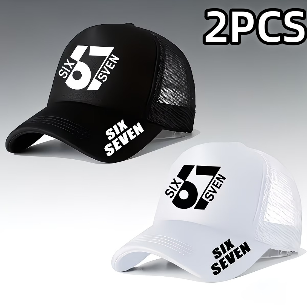 TEMU 2er-Pack Unisex Baseball Caps mit Mesh-Design und dem aufgedruckten Zahlenwert '67'. Sie verfügen über einen verstellbaren Druckknopfverschluss