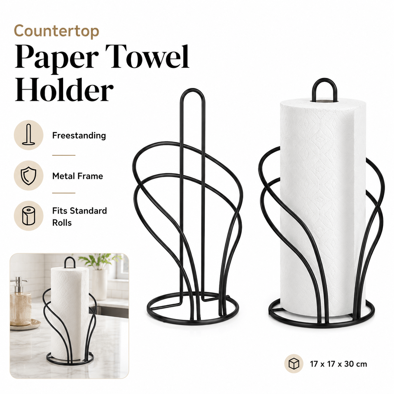 Image of 1pc Light Luxury Countertop Paper Towel Stand For Kitchen And Dining Table, Space Freestanding Roll Holder, Stable Black Metal Look, Fits Kitchen Paper Rolls