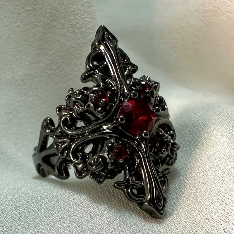 E-shop Vintage Hohlfiligran Persönlichkeitsring mit Rosarotem Synthetischem Zirkonia Gothic Ring für Frauen Party Urlaub Jubiläum Schmuck