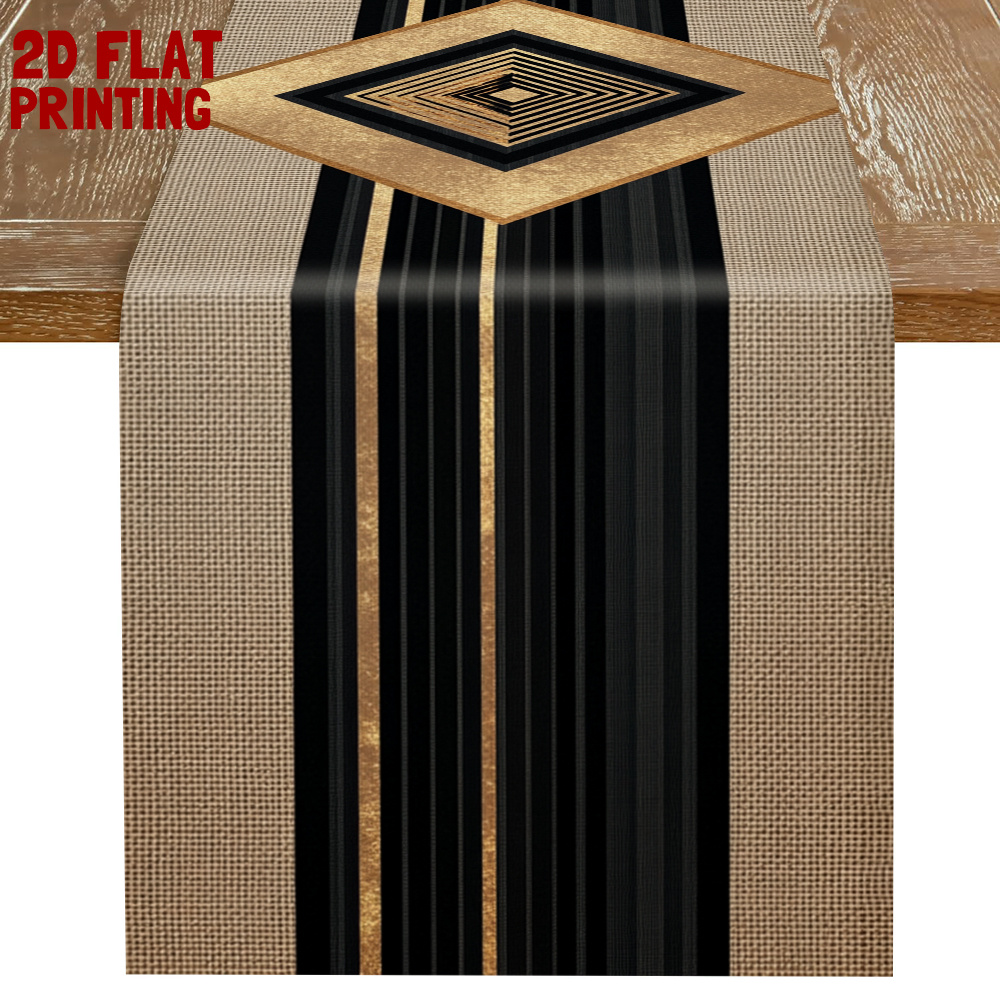 TEMU 1pc New 2d Flat Printed | Beige Geometric Totem Table Runner| Versatile|modern Line Style|black Beige Match|polyester|suitable For Modern Bright