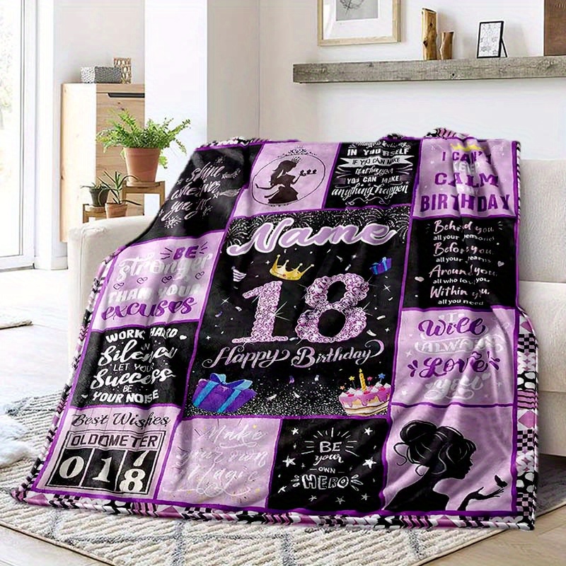 TEMU Customizable 18th Birthday Name Blanket - Cozy, Soft Polyester Throw With Personalized Messages & , Home, Office, Or Gift To Relatives ,