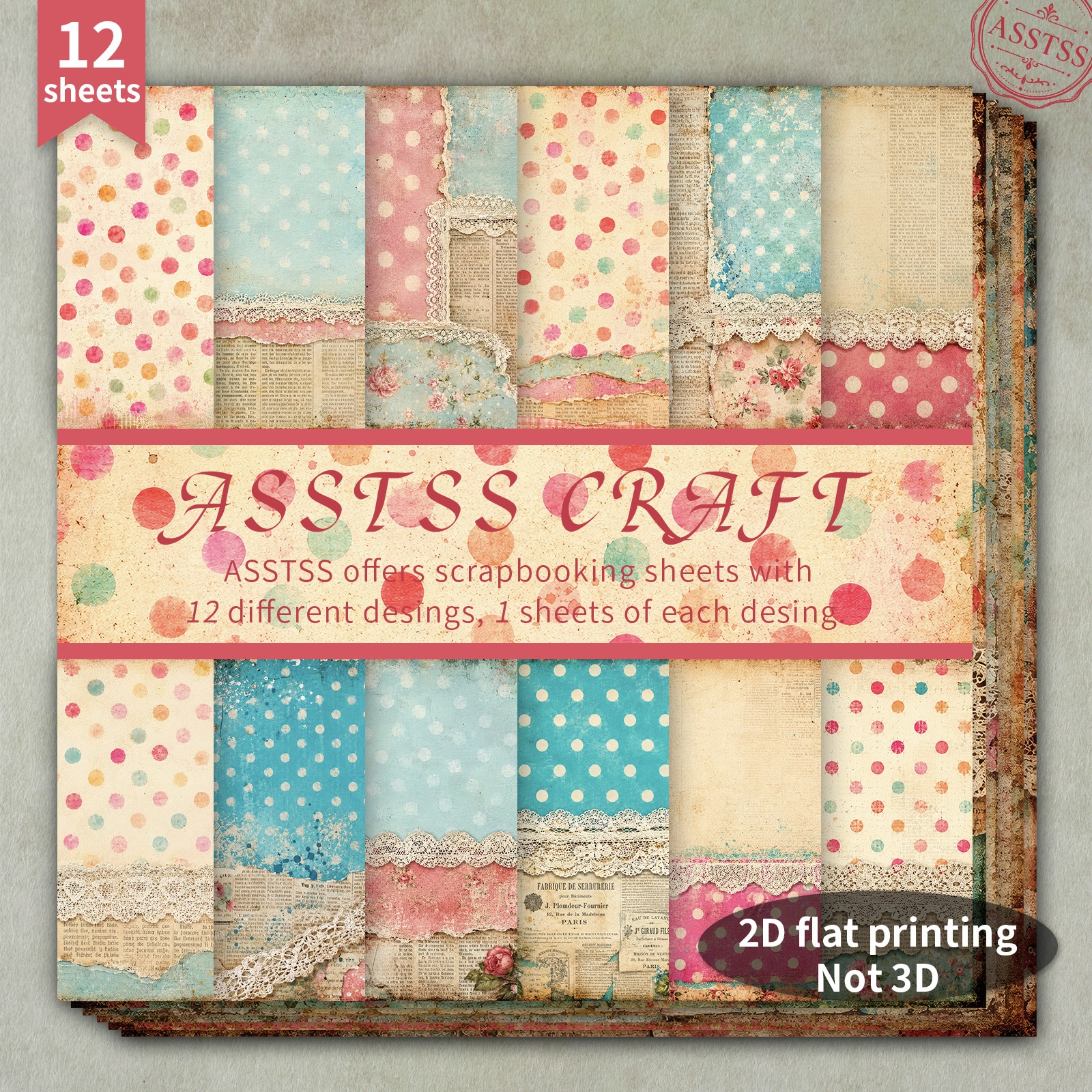TEMU 12-sheet Asstss Heavyweight Scrapbooking Paper Pad Suitable For Journaling, Collage Art & Crafts - Vintage Shabby Chic Floral & Polka Dot Lace