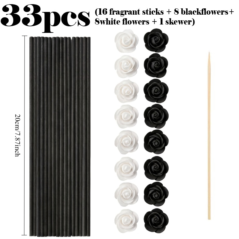 TEMU 33pcs Black And White Flower Scented Reed Diffuser Set (16pcs Reeds And 8pcs White Roses And 8pcs Black Roses And 1pc Lighter), Fragrance