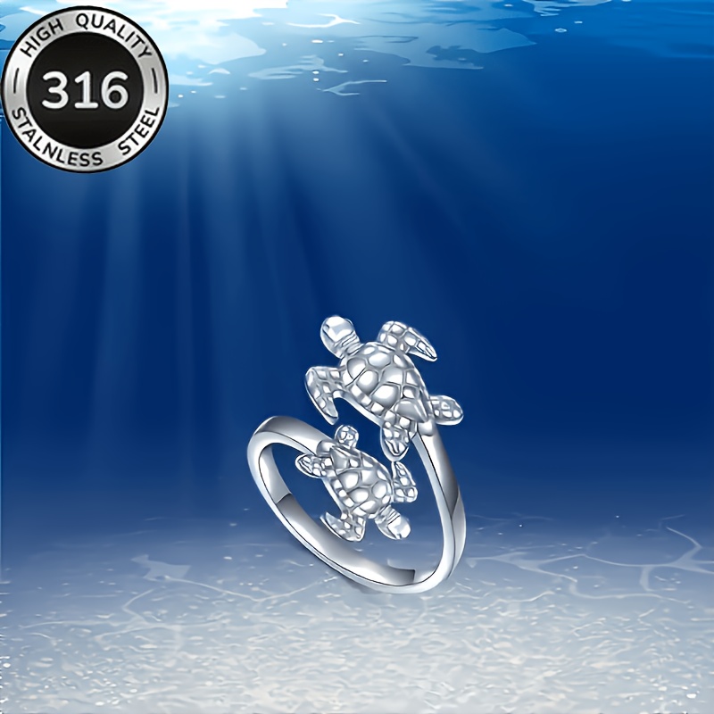 TEMU Bague ouverte mignonne en acier inoxydable de tortue de mer, unisexe, idéale pour offrir et , pour adolescent