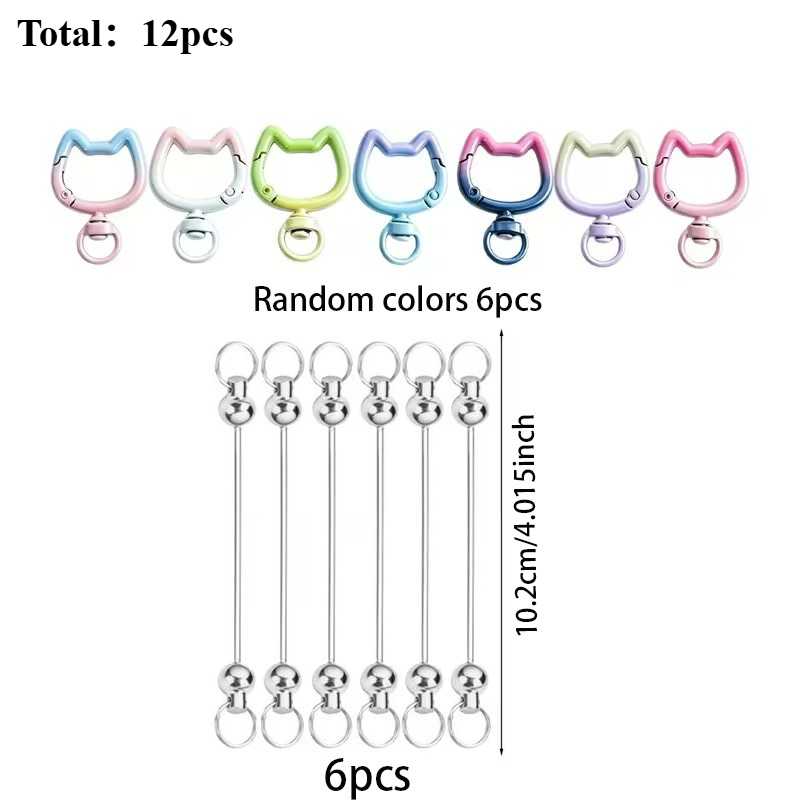 TEMU 6 Sets (6pcs Cat Shape Keychains And 6pcs Bead Bars), Back-to-school And Graduation Gift Pendants, Random Color Gradient Key Ring Additions,