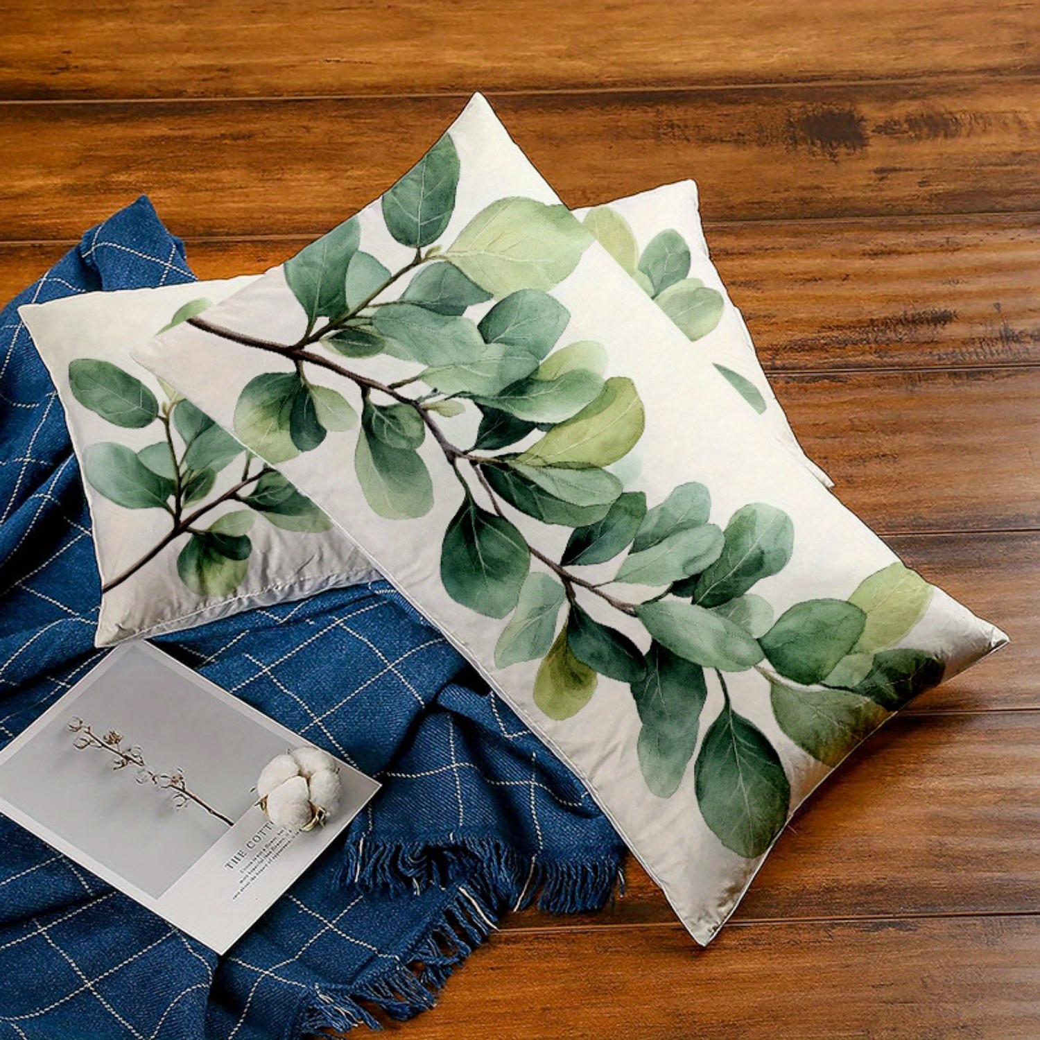 TEMU Set Of 2 Vintage-style Sage Green Cushion Covers, Featuring Eucalyptus Design, Washable In A Machine, Equipped With Zipper Closure, Ideal For