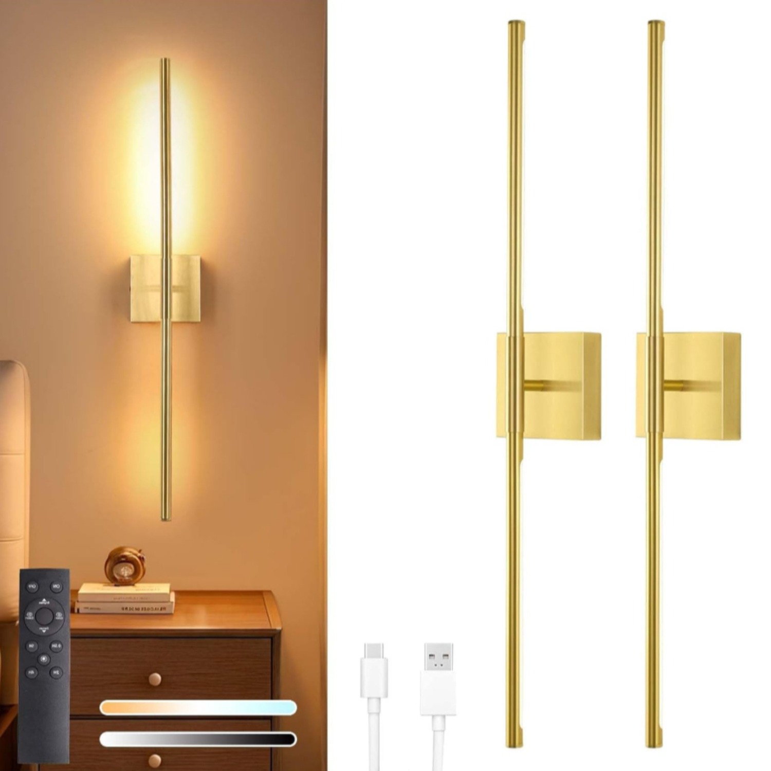 TEMU Battery Operated Wall Sconces Lights (set Of 2) - Rechargeable Wireless Wall Lights With Remote Control | 350° Rotating Design | 3 Adjustable