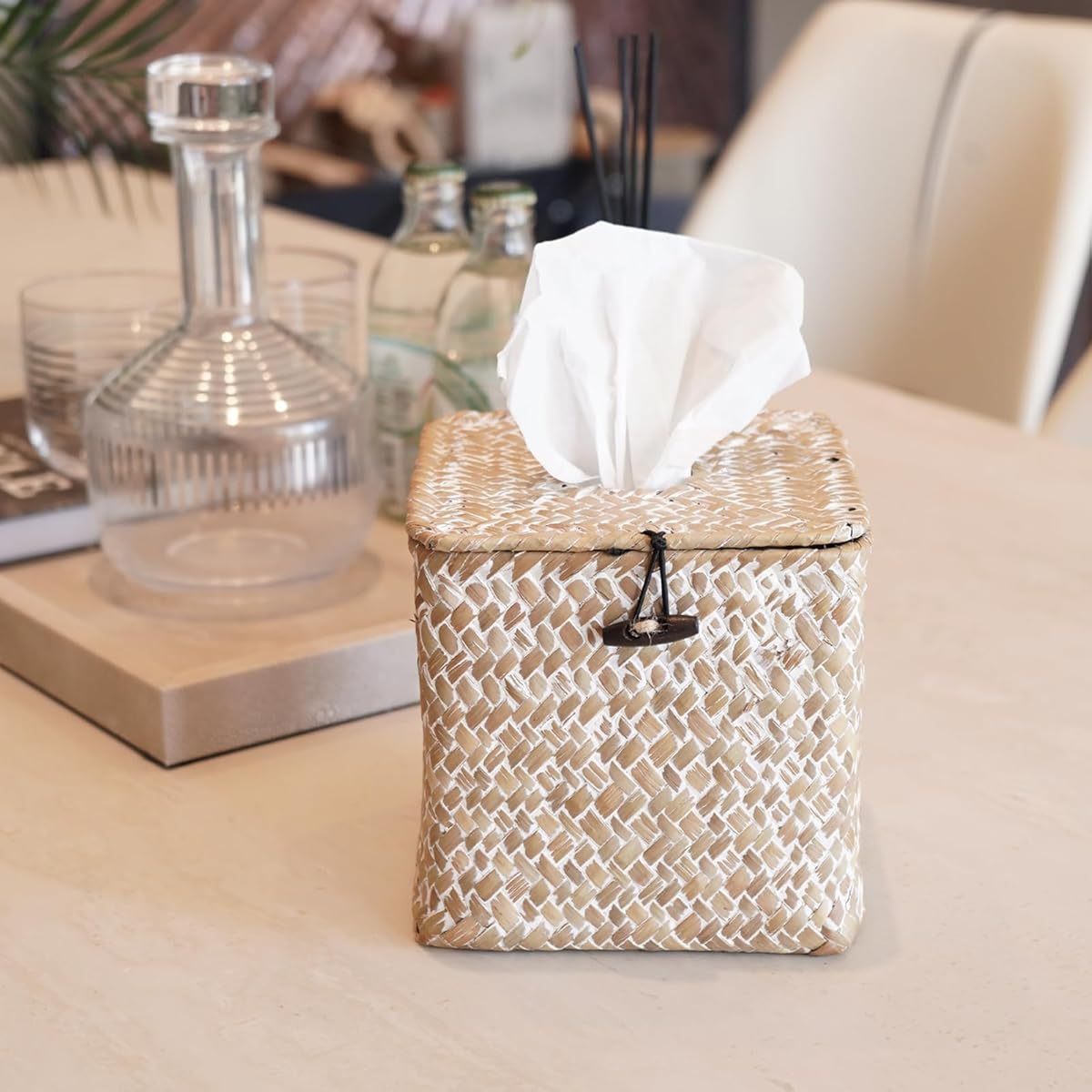   woven tissue box cover boho farmhouse plastic napkin holder with lid square     5 9x5 7x5 7 inch for bathroom living room kitchen bedroom   Product details 3