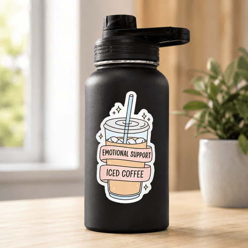 emotional companion iced coffee sticker with a cute coffee cup design suitable for laptops travel mugs water bottles notebooks phones and car windows a gift for