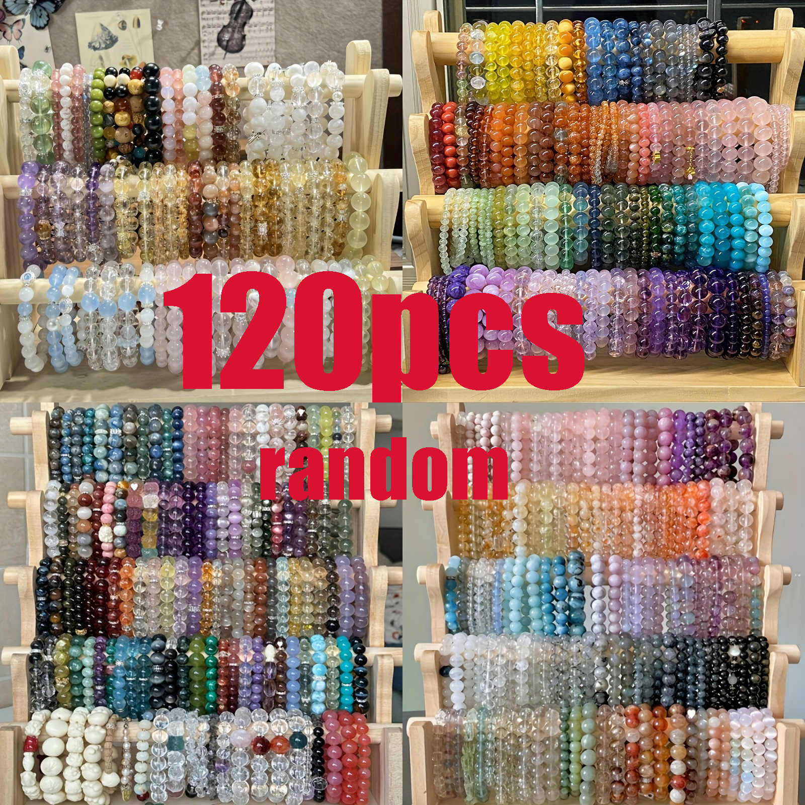 TEMU Bulk 120pcs Handmade Glass Bead Bracelets - Unisex Stretch Wristbands With Multicolor Beads, Vibrant Random Color Suitable For Parties,