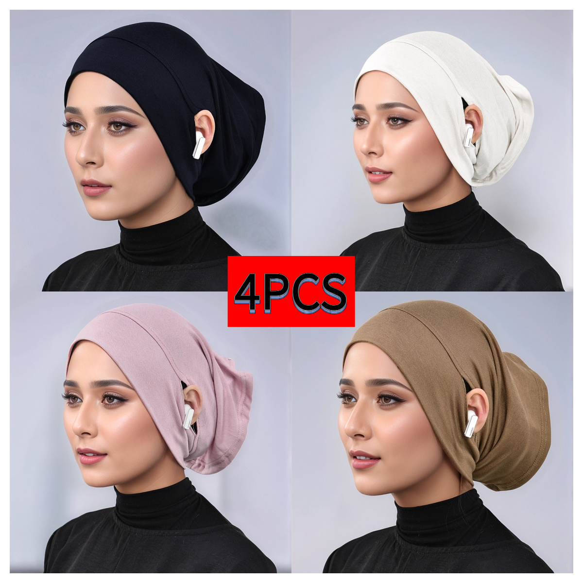 E-shop 2/4 Stück Muslimische Kopftücher mit Ohrloch-Design, Bequem, Atmungsaktiv, Leicht, Praktische Tubenmütze, Rutschfeste Basismütze,