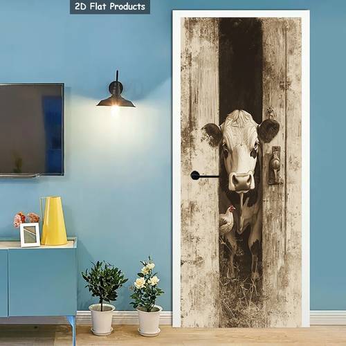 2d flat 1 pair chicken door mural sticker cow peeking self removable wall mural vintage style door mural sticker life door scene door stickers door poster for bedroom living room door decoration