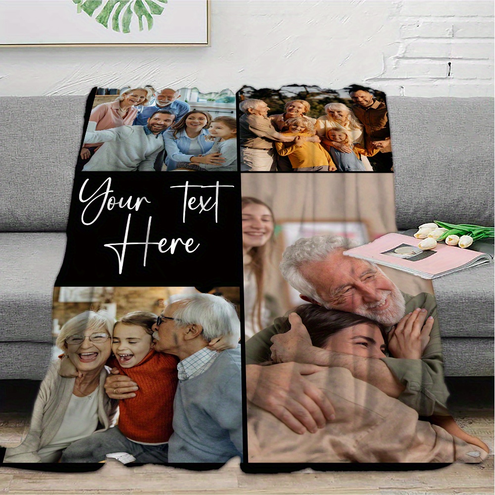 

Personalized Family Flannel Throw Blanket - Custom Photo & Text, Soft & Cozy, Couch, Bed, Office, Camping & Travel - Unique Gift Idea, Four-square Photos, Birthday Gift, Armchair