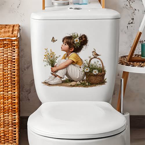 Artikelbild . kleines mädchen mit blumenmuster toilettenaufkleber, wasserspülkastenaufkleber, badezimmerdekoration, lustige toilettenaufkleber, wanddekoration, heimdekoration, zur verbesserung der gesamtästhetik ihres zuhauses