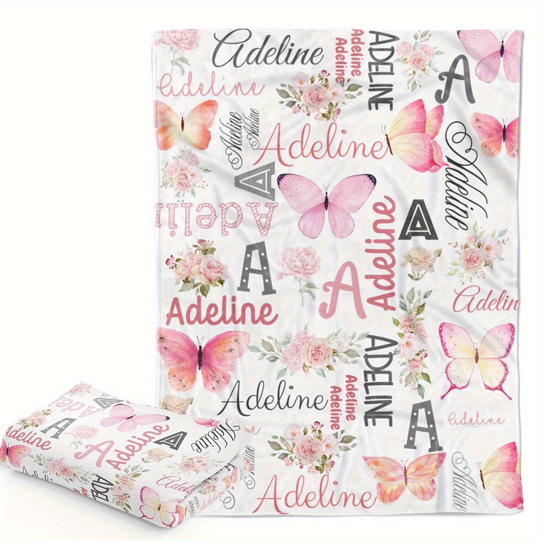 Personalized Custom Name Blanket, Pink Butterfly Pattern