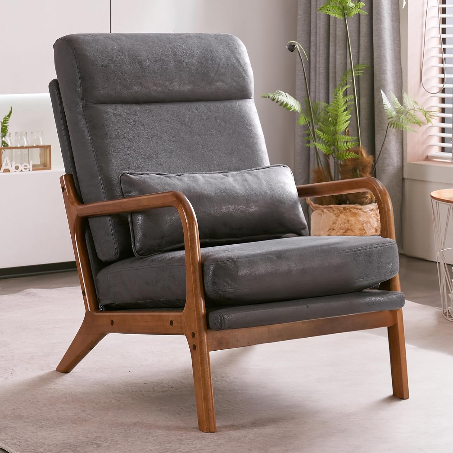 Beige Mid-century Modern Lounge Chair With A High Back And Pillow - Upholstered In Fabric With A Sturdy Wooden Frame, Suitable For Living Room, Bedroom, Or Balcony