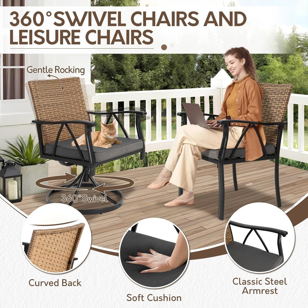 Andehomy 7pcs Patio Dining Set with 6 Chairs And 1 Table, Outdoor Dining Set with 2 Wicker Swivel Patio Dining Chairs with Cushions & Black, Rectangular Woodgrain Metal Dining Table with 1.75
