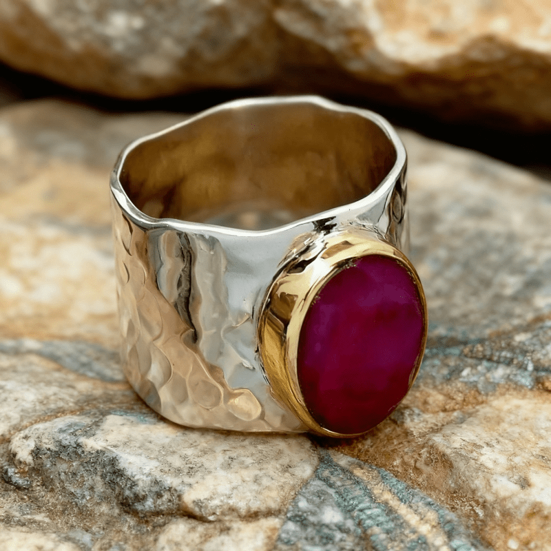 E-shop Retro Oval Roter Zirkonia Ring Mode Zweifarbiger Breiter Ring für Frauen Männer Täglich Party Urlaub Ring Schmuck Hip Hop Ring