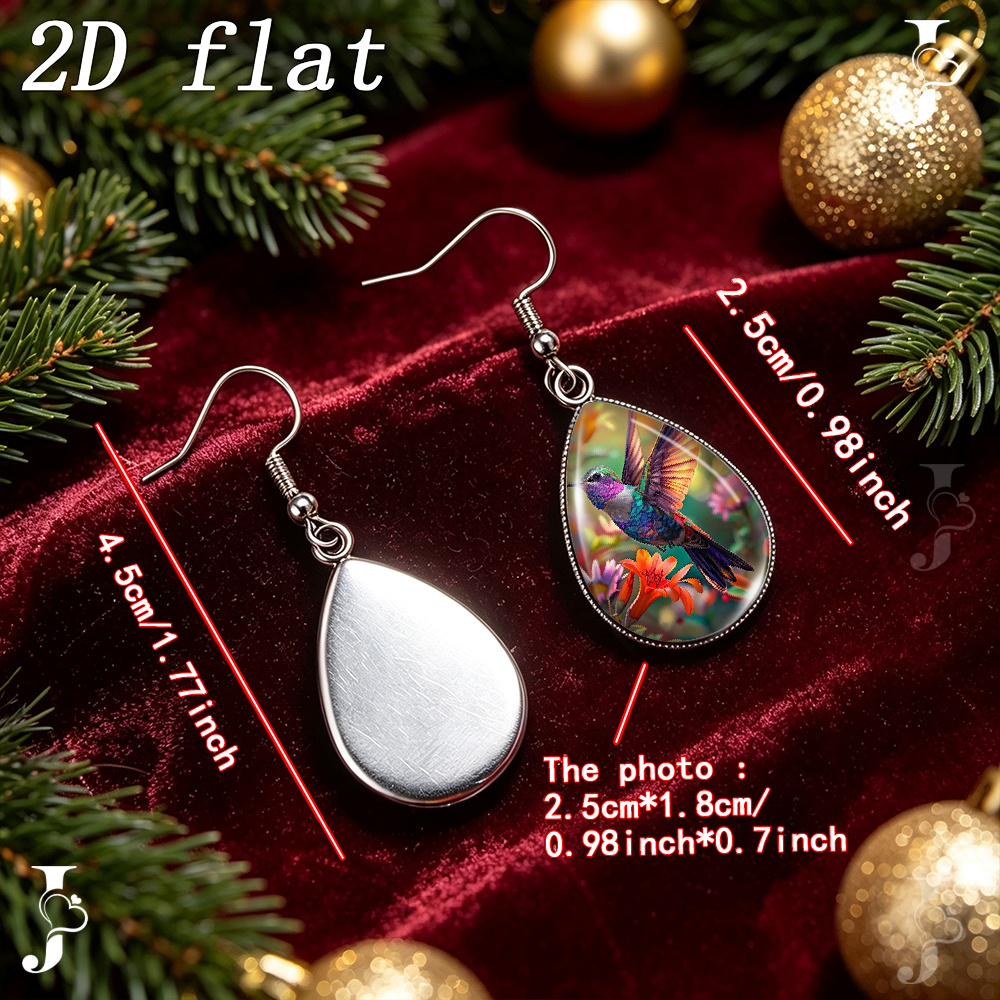 Teardrop Dangle Earrings with Hummingbird Floral Pattern